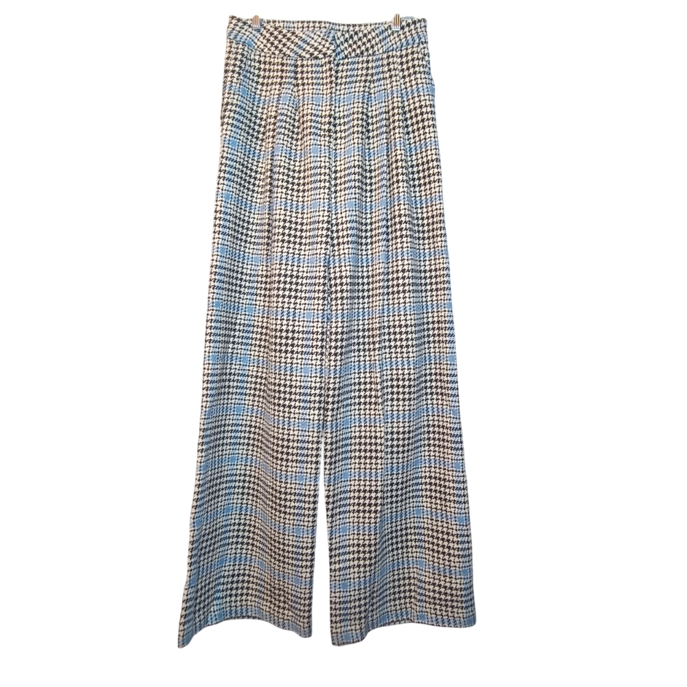 Dusty Blue & White Checkered Houndstooth Wide-Leg Pleated Pants Size L Portugal